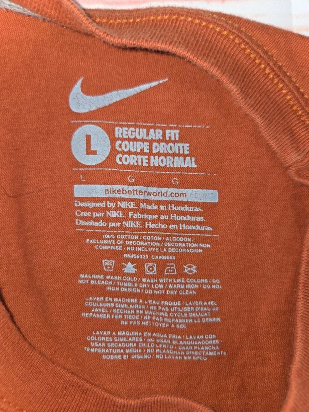 Nike Mens Long-Sleeve Burnt Orange Cotton Crew Shirt Large Regular Fit